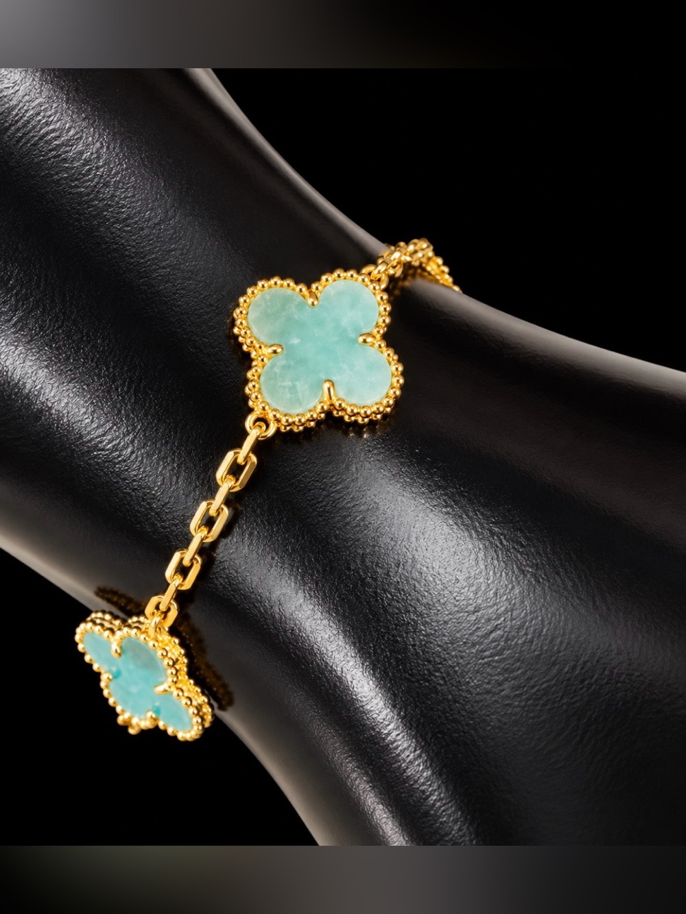 Gold Clover-Link Bracelet with Mint Green Stones